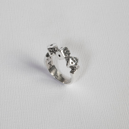 Fortuna Dice Ring – handcrafted 925 sterling silver men’s ring featuring three dice on a bold silver band.